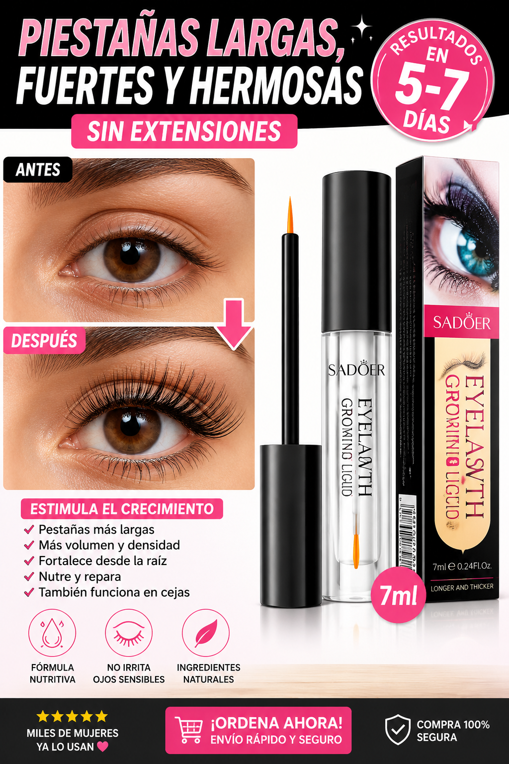 Sérum Alargador de Pestañas y Cejas | Crecimiento Rápido, Volumen y Fortalecimiento Natural