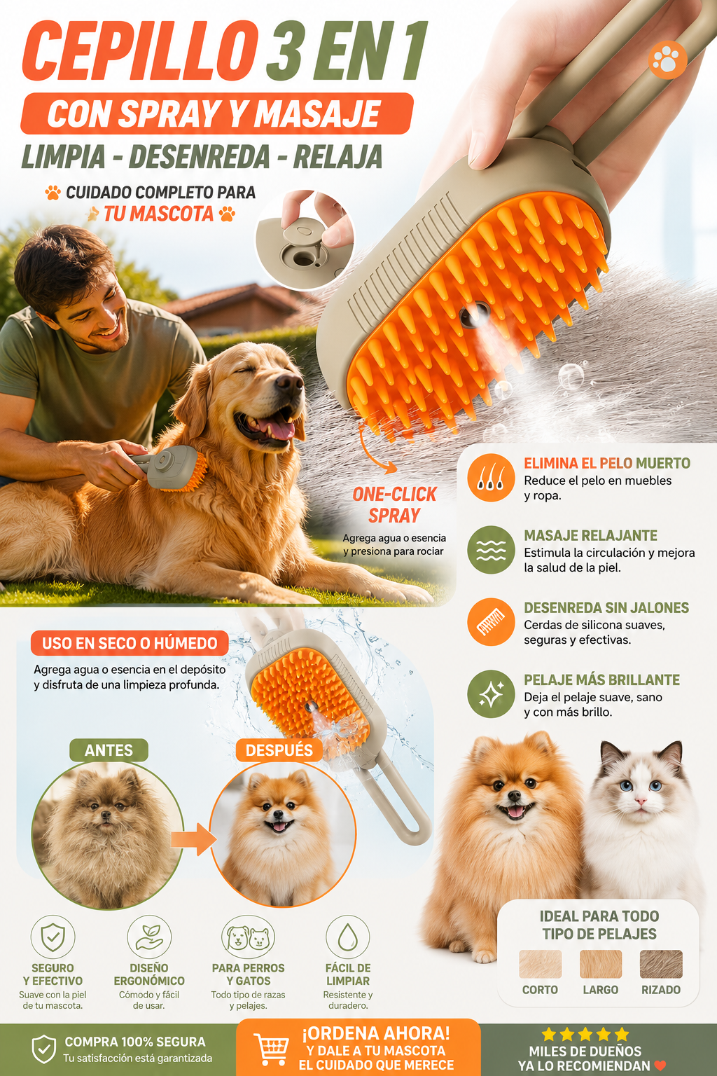 Cepillo para Mascotas 3 en 1 | Quita Pelo, Masajeador y Desenredante Profesional